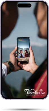 Smartphone showing VivahaLive wedding video streaming app